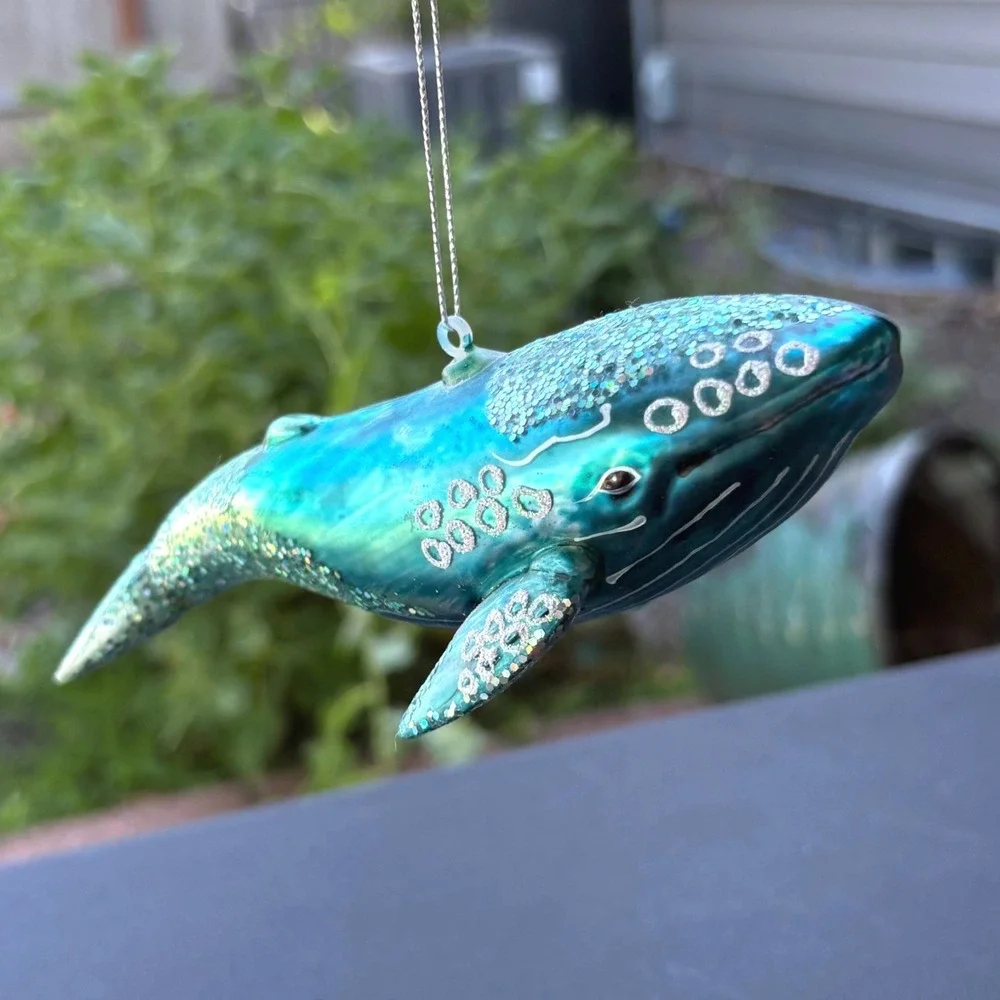 Blown Glass Humpback Whale Ornament Teal Turquoise Glitter Nautical‎ Christmas